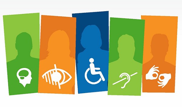 Ilustración de colores con diferentes iconos de discapacidad