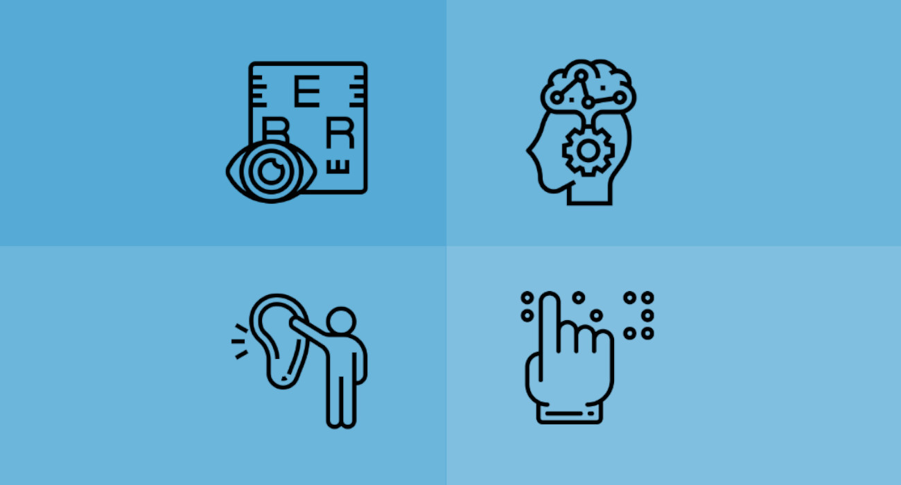 Aparecen 4 iconos sobre accesibilidad: discapacidad visual; cognitiva, auditiva y braille
