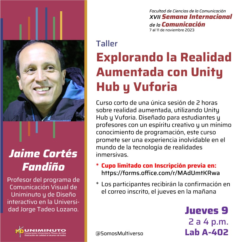 Promoción taller Explorando la Realidad Aumentada con Unity Hub y Viforia del profesor Jaime Cortés